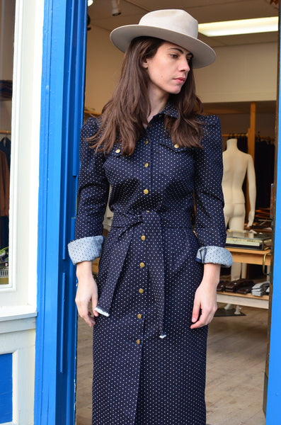 THE BERLIN WESTERN SHIRT DRESS - DENIM POLKA DOTS