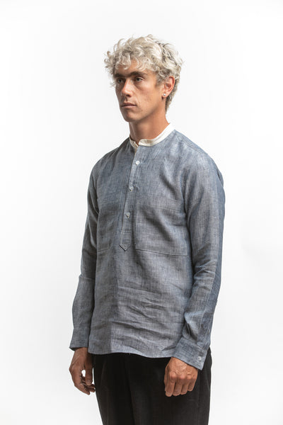 PTC - MANDRINE POP-OVER LS LINEN SHIRT - CHARCOAL NAVY