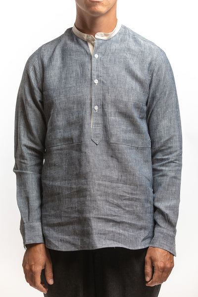 PTC - MANDRINE POP-OVER LS LINEN SHIRT - CHARCOAL NAVY