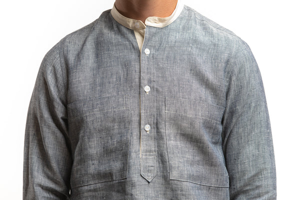 PTC - MANDRINE POP-OVER LS LINEN SHIRT - CHARCOAL NAVY