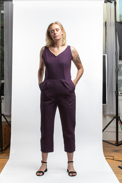 PTC - SKINNY SLEEVE JUMPSUIT (SEERSUCKER) BURGUNDY/INDIGO NAVY STRIPE