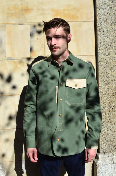 THE QUARTERMASTER SHIRT - OLIVE / TAN (COTTON YARN DYED DENIM)