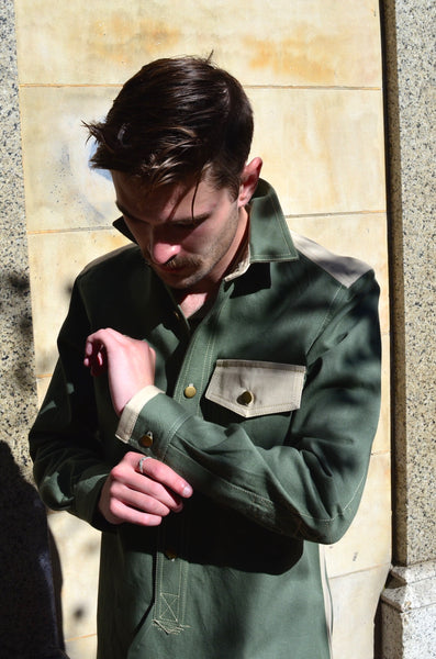 THE QUARTERMASTER SHIRT - OLIVE / TAN (COTTON YARN DYED DENIM)